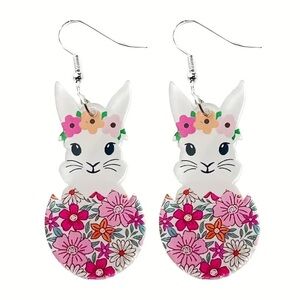 Pink Floral Egg Bunny Dangle Earrings